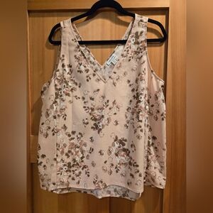 Nordstrom Floral V-Neck Sleeveless Blouse - Cream and Brown Size: L